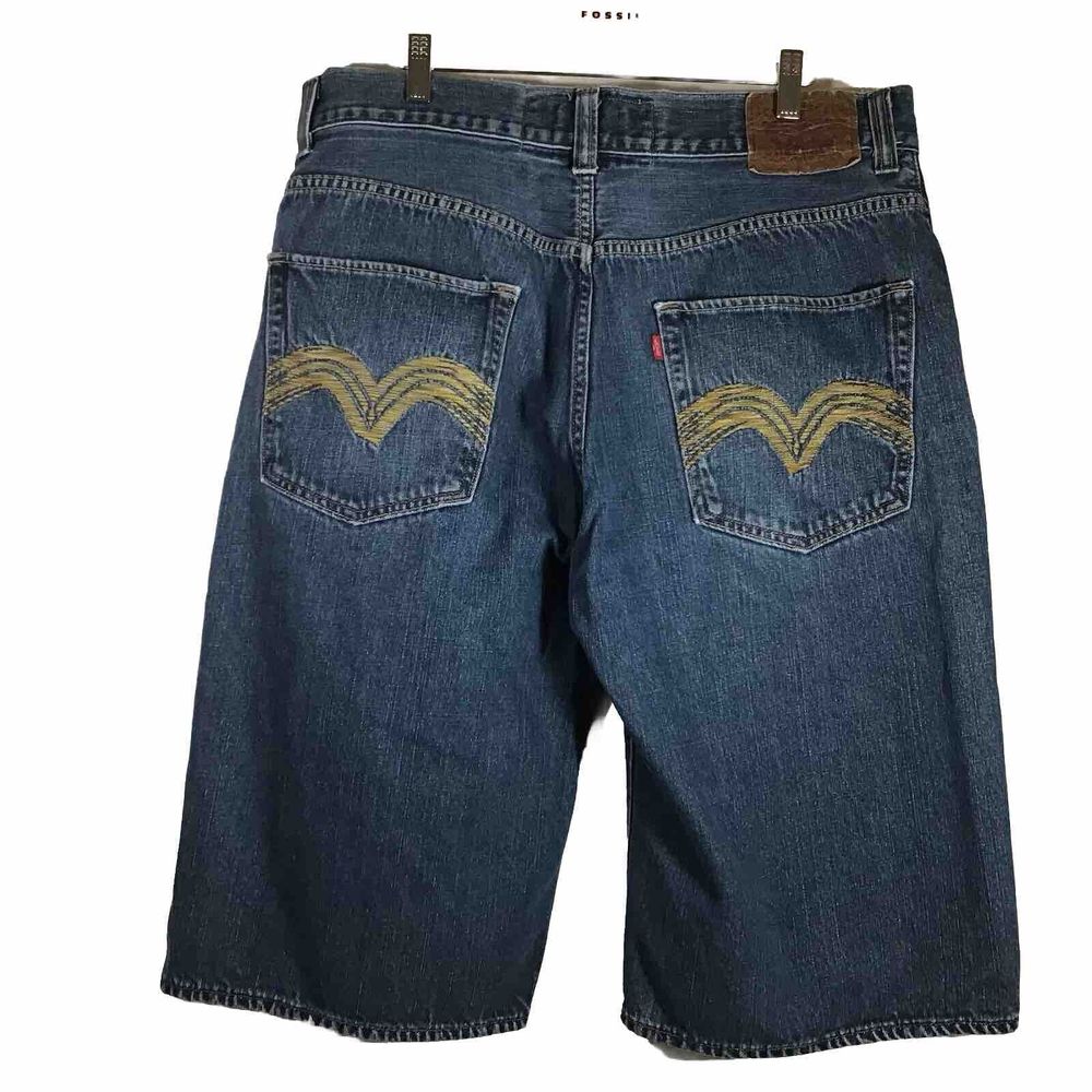 Y2k Levis 579 Baggy Jean Shorts 36x13 Blue Embroidered Grunge Skate Hip Hop
